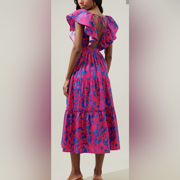 SugarLips Yeraldi Berry Fiora Open Lace Up Tiered Back Midi dress L - Picture 10 of 14